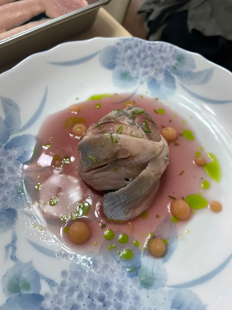 Monthly Hansu seasonal dish served in a patterned ceramic bowl
